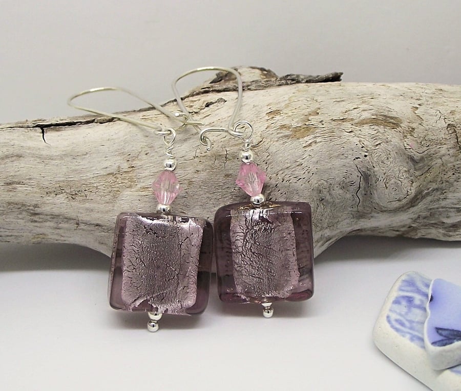 Square amethyst foiled glass earrings vintage recycled sterling silver