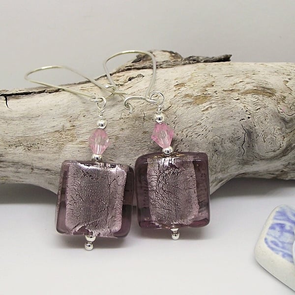 Square amethyst foiled glass earrings vintage recycled