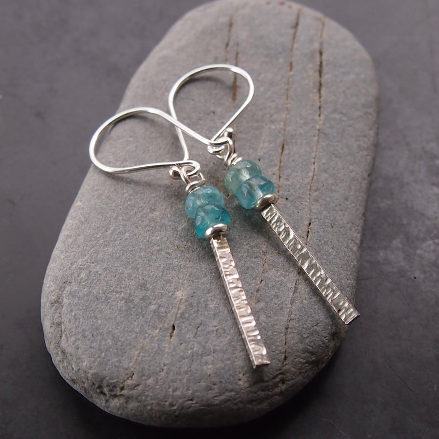 Sterling Silver Textured Bar Earrings with Apatite