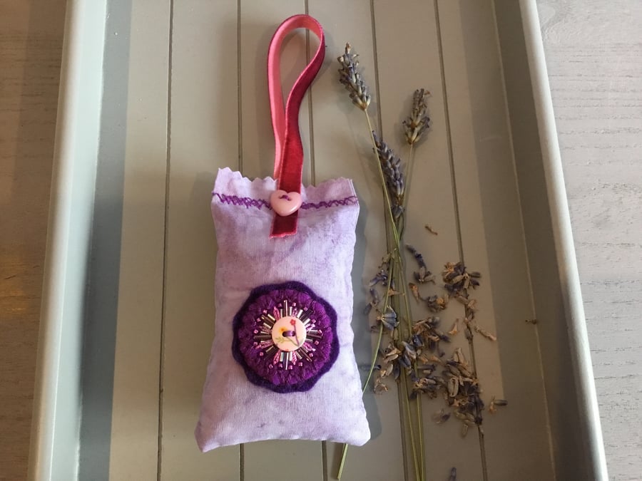 Hand Embroidered Pink Button Lavender Bag