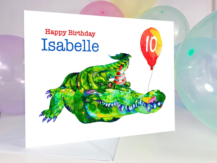 Fun crocodile personalised birthday card for him or her, premium quality