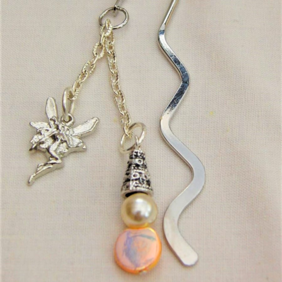 Beaded Bookmark with Pearl And Mother of Pearl Beads and Silver Fairy Charm