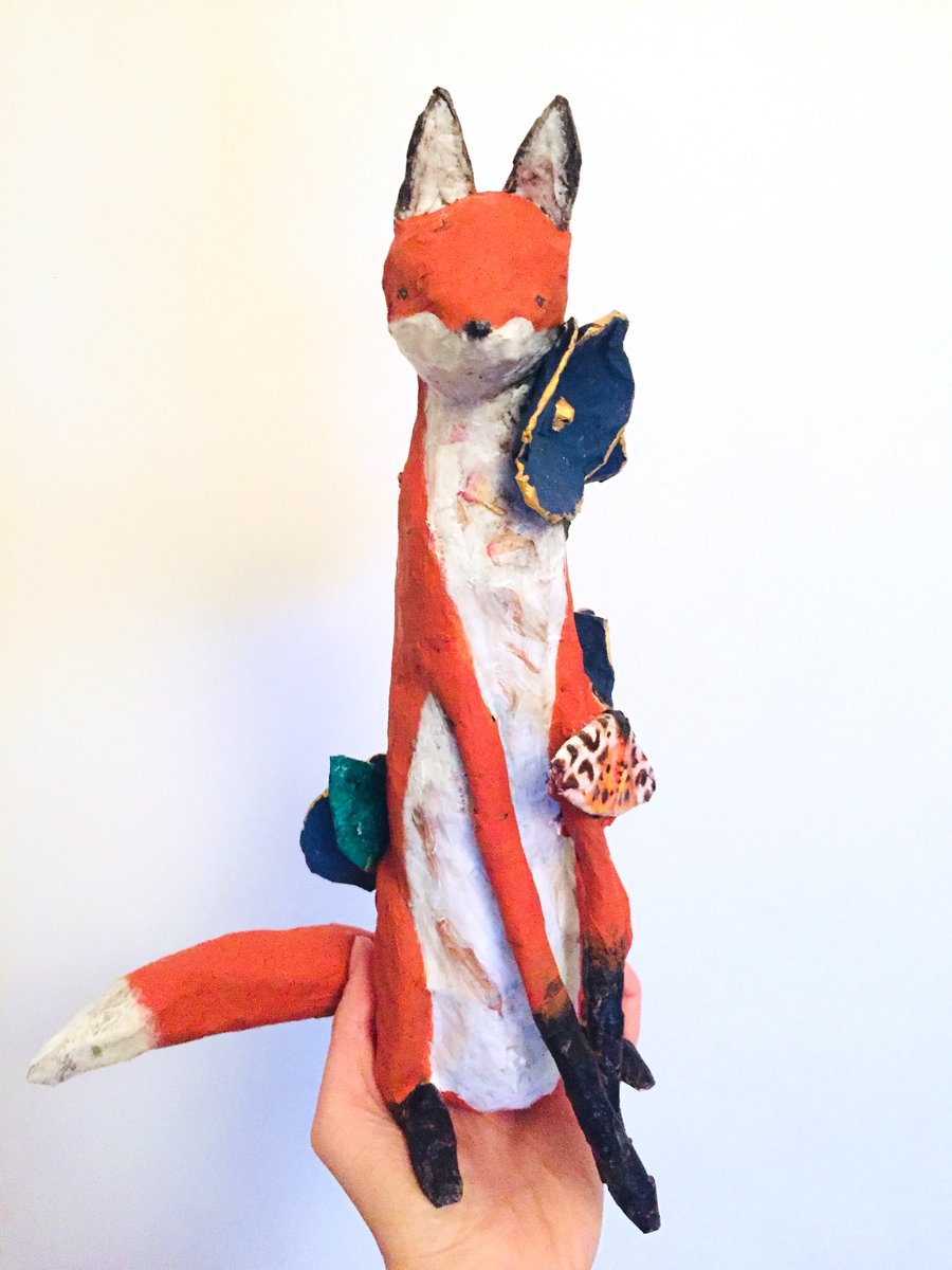 Paper Mache Fox with Flowers and Garden Tiger Moth