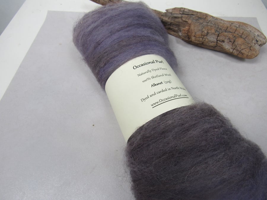 50g Alkanet Purple Naturally Dyed Shetland Wool Batt