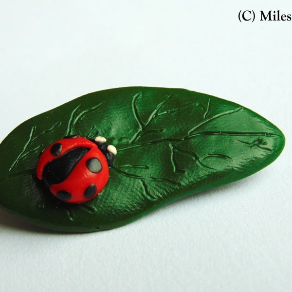 LadyBird On A Leaf Brooch - Gifts - Polymer Clay - Accessories - Novelty