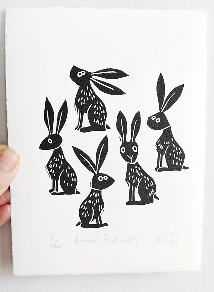 Five Hares - lino print