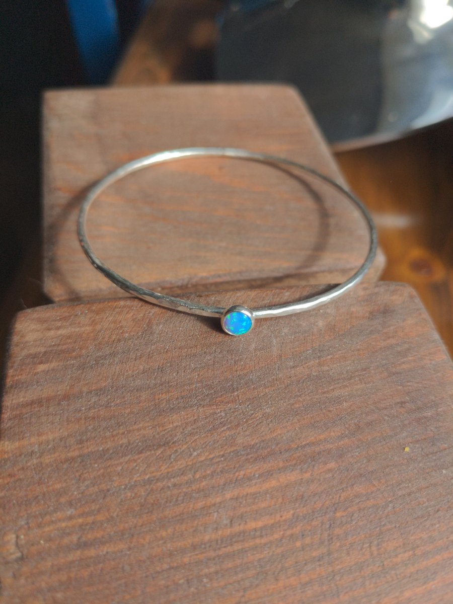 Recycled sterling silver bangle, with blue synthetic opal made to order