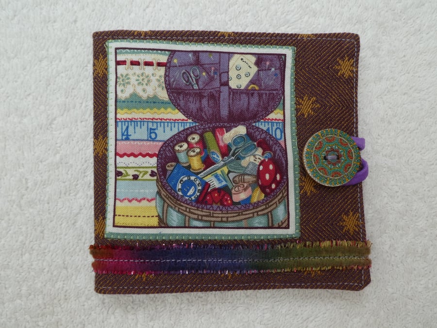 Sewing Needle Case with Sewing Basket Pattern Panel. Purple.