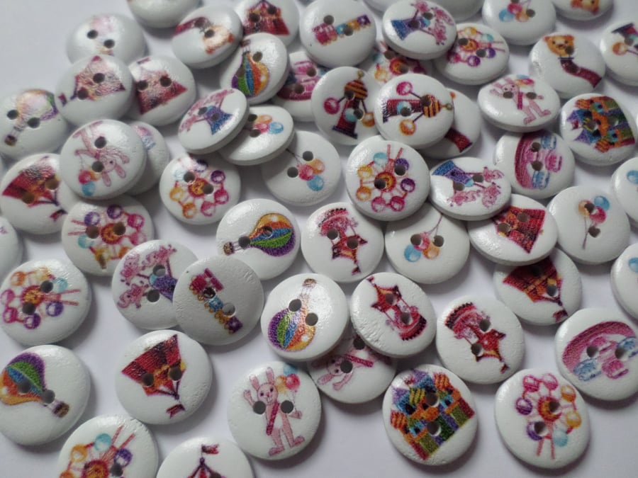 50 x 2-Hole Printed Wooden Buttons - 15mm - Round - Fun At The Fairground 