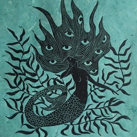 Ceto, linocut print of mermaid on handmade paper.