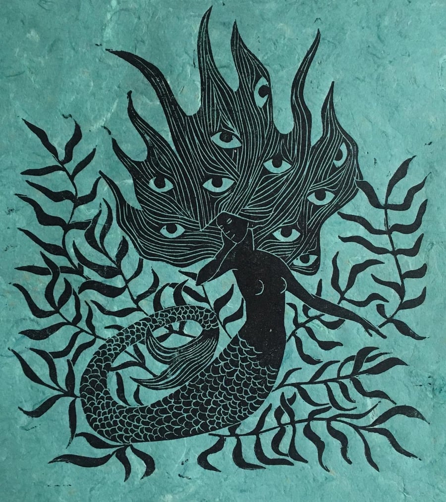 Ceto, linocut print of mermaid on handmade paper.