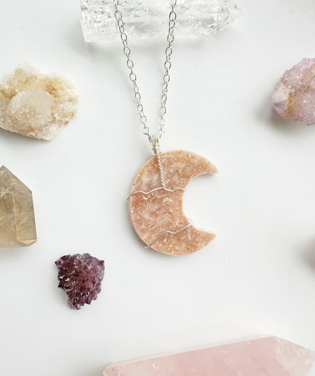 Moon Crystal necklace, Pink Amethyst Moon, Silver Plated, Moon Lover