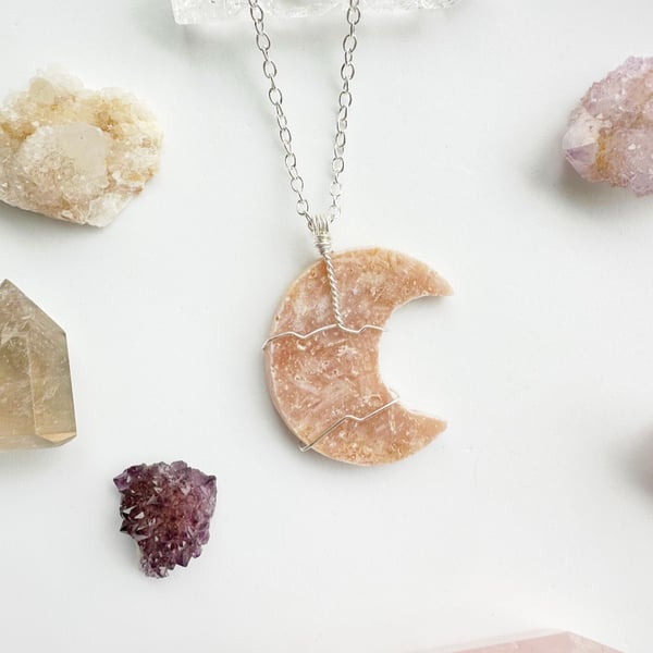 Moon Crystal necklace, Pink Amethyst Moon, Silver Plated, Moon Lover