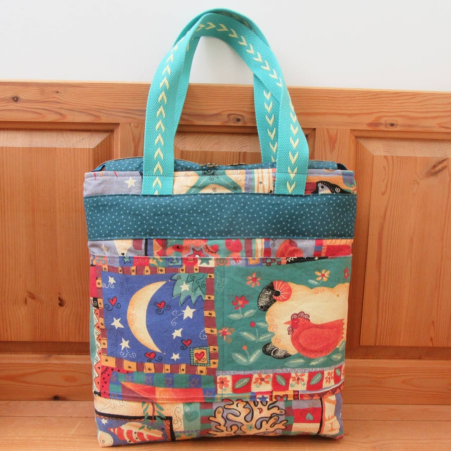Folk Art Padded Tote Bag - lined with zipper