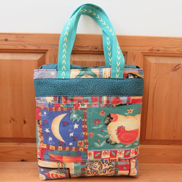 Folk Art Padded Tote Bag - lined with zipper