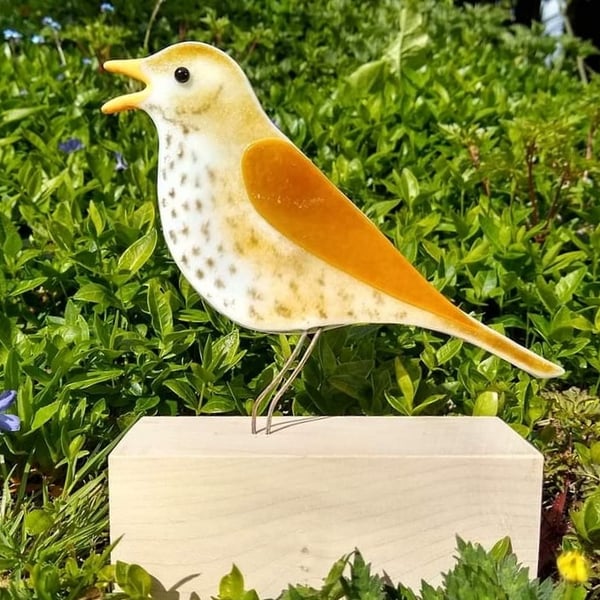 Fused glass song thrush on wooden stand