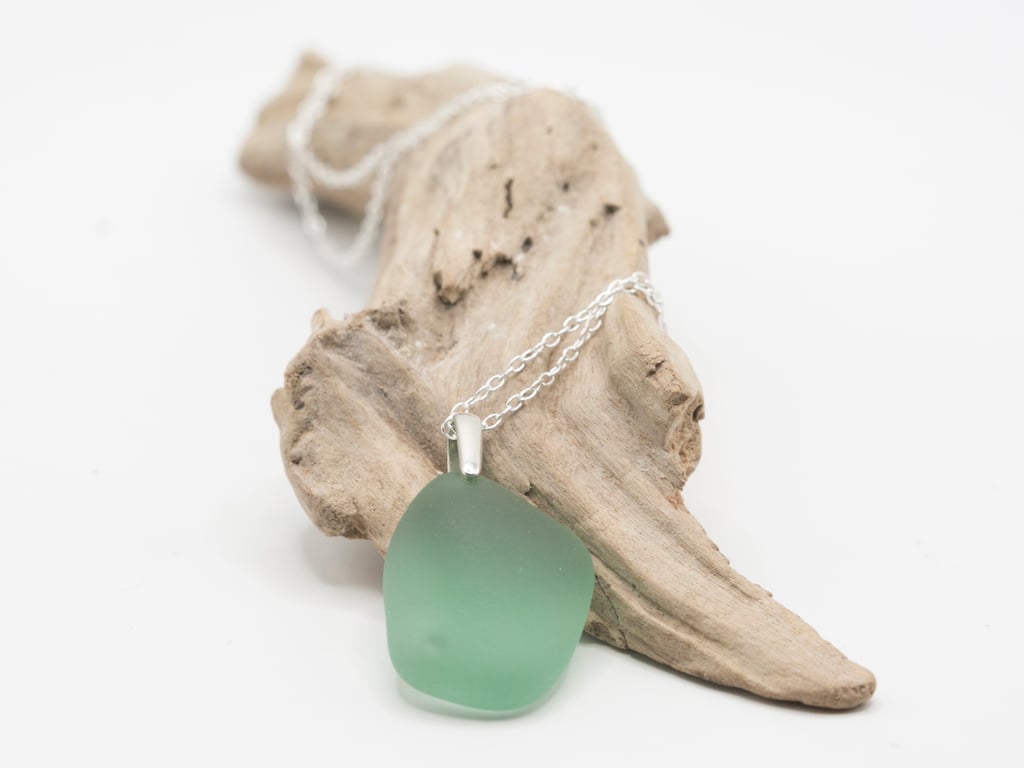 Turquoise sea glass pendant necklace with sterling silver chain and bail (18")