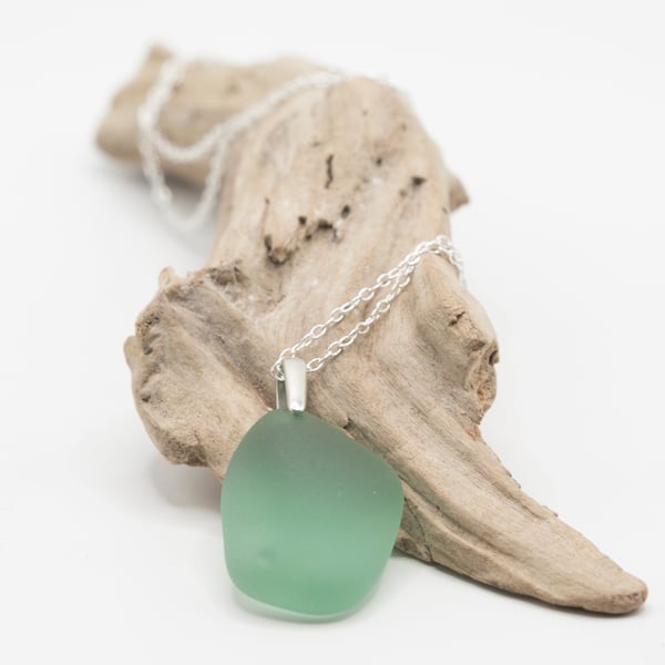 Turquoise sea glass pendant necklace with sterling silver chain and bail (18")