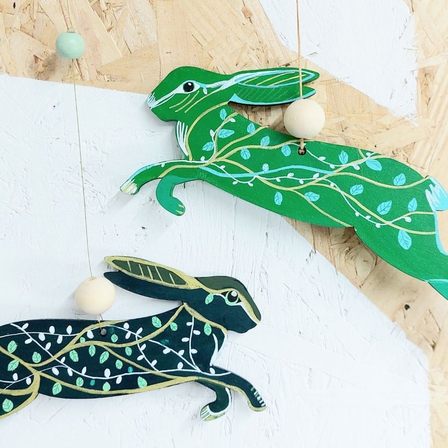 Hanging wooden hare hand painted decoration