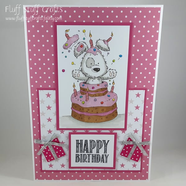 Handmade birthday card - pink birthday cake surprise!