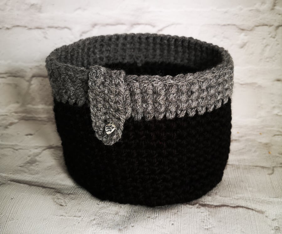 Crocheted Black & Grey Basket           FREE P & P