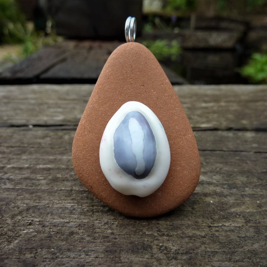 Pendant - cowrie shell and terracotta beach stone