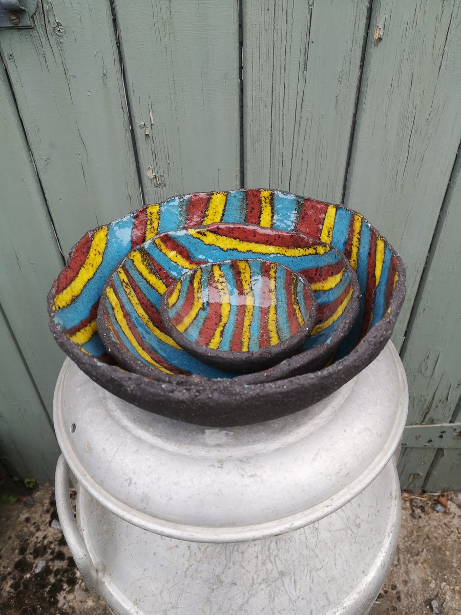 Set of three Stripy, Rustic Bowls