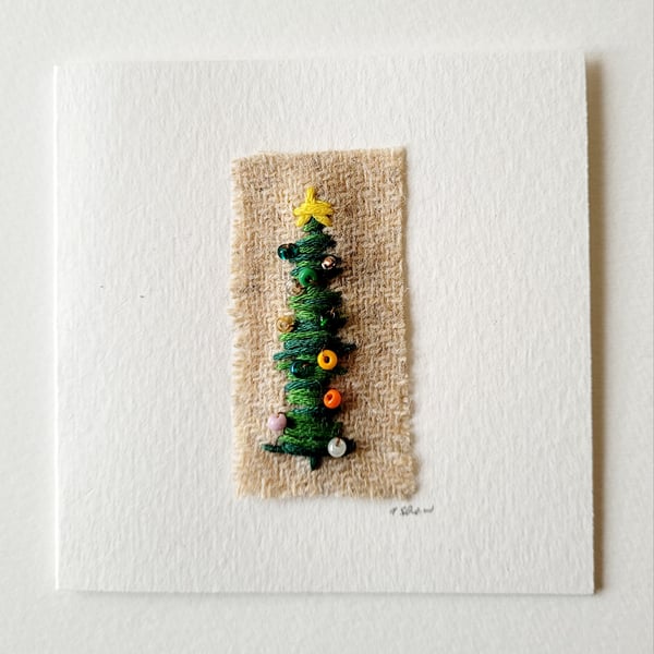 Handmade Embroidered 'Dark Green Tree' Christmas Greeting Card 