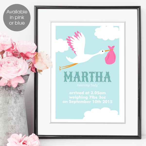 Personalised Meaning of Name Stork Print, christening gift for new baby