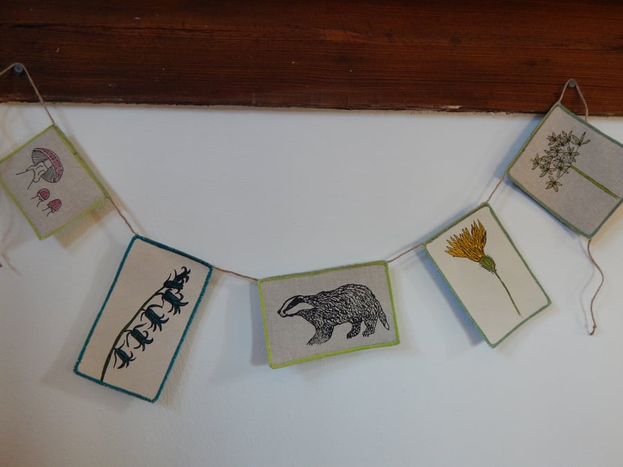 Badger and Wild flower Screen printed Bunting- 80CM