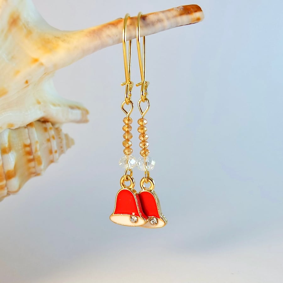 Christmas Bell Earrings With Sparkly Crystal, Stocking Filler, Secret Santa Gift