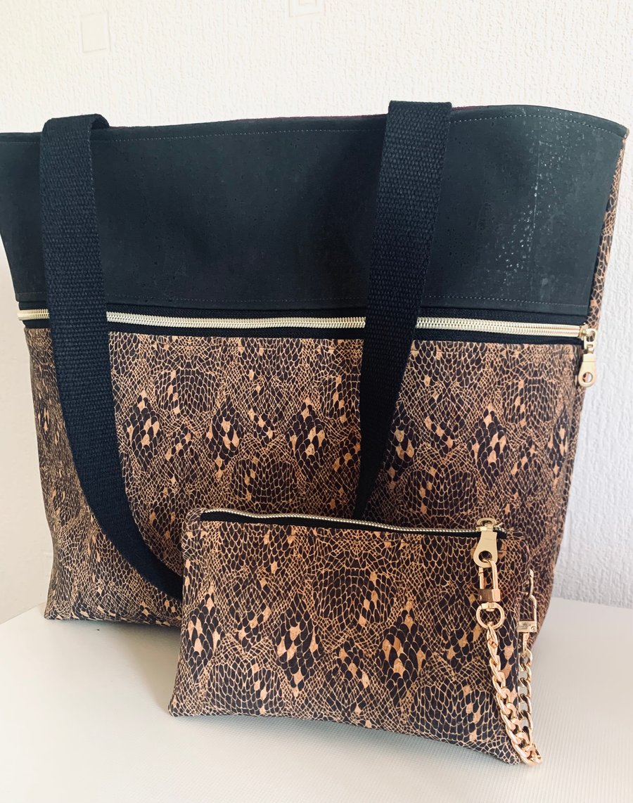 Handmade Cork Tote Bag Snakeskin Print with Plum Lining
