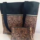 Handmade Cork Tote Bag Snakeskin Print with Plum Lining