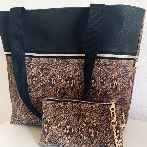 Handmade Cork Tote Bag Snakeskin Print with Plum Lining