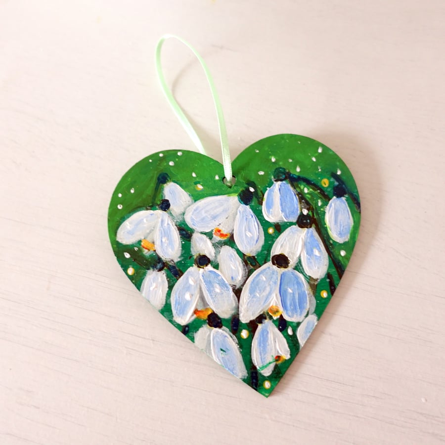Snowdrop Artwork Green hanging Heart Decoration Spring Flowers Painting