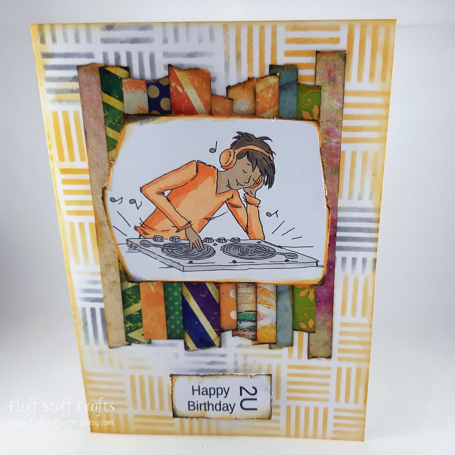 Handmade grungy style teenager birthday card - the DJ