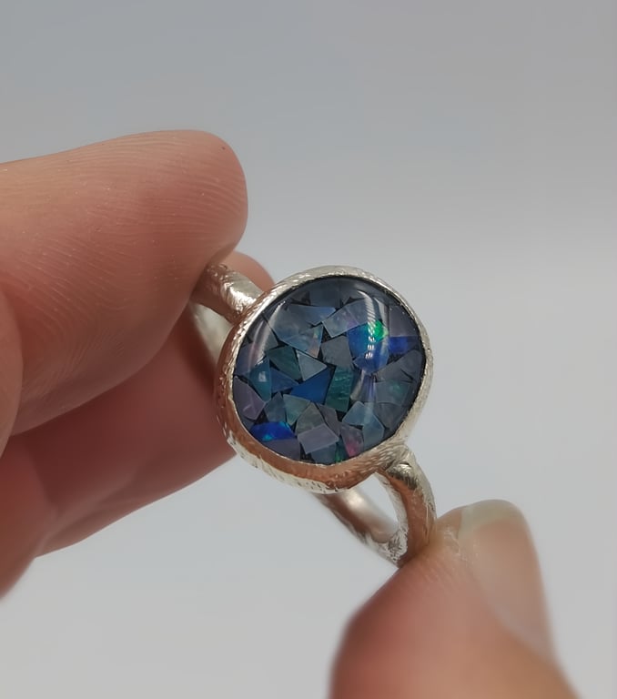 Hand-Forged Opal Mosaic Ring in Molten Textured Sterling Silver - Size O