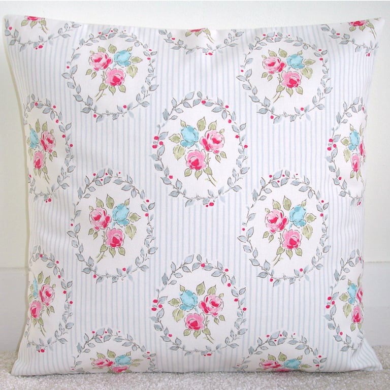 Cushion Cover Floral Stripe 16" Pink Blue Roses Grey Striped