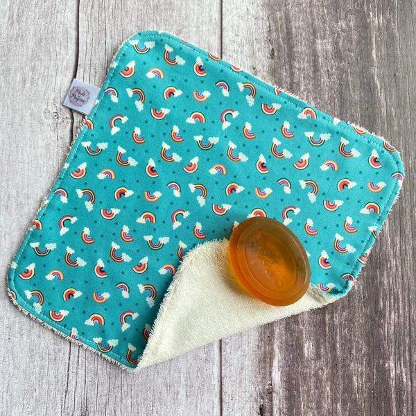 Organic Bamboo Cotton Wash Face Cloth Flannel Aqua Blue Mini Tumbled Rainbows 