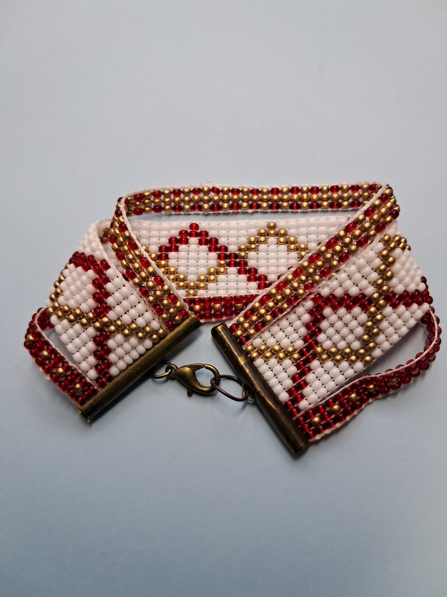 Red white gold beaded Loom bracelet