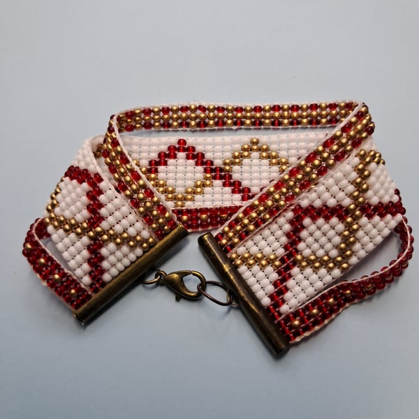 Red white gold beaded Loom bracelet