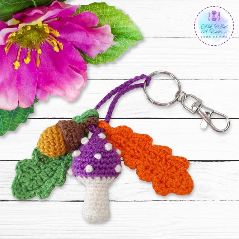 Purple toadstool, acorn and oak leaves crochet bag charm. Toadstool keyring