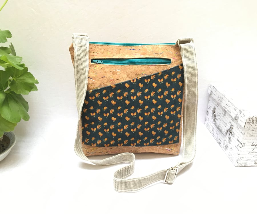 Cork crossbody bag, cork leather handbag, cork shoulder bag, zip up cork bag.