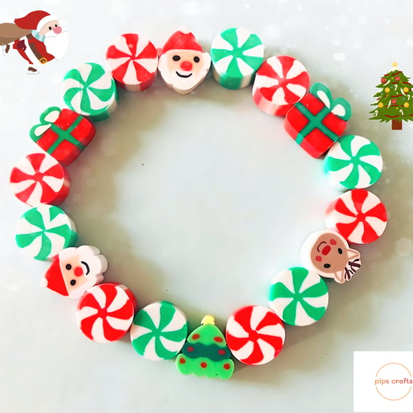 Fun Colourful Christmas Stretchy Bead Bracelet, Quirky Jewellery, Xmas Gift Idea