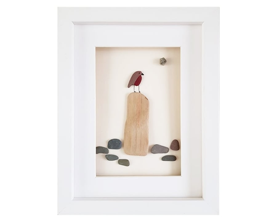 Robin on a Post - Sea Glass & Pebble Picture Framed Unique Handmade Art
