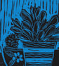 House Plant lino print on a blue back ground - Image 2