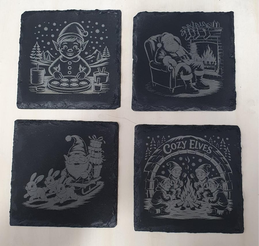 Christmas Engraved Slate Coaster Set with Storage Box