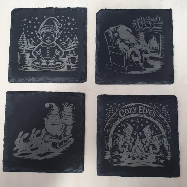 Christmas Engraved Slate Coaster Set with Storage Box