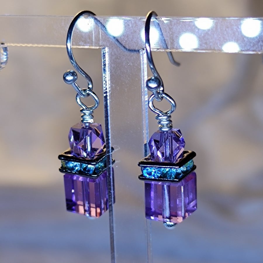Glass Crystal earrings, purple and blue