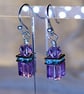Glass Crystal earrings, purple and blue
